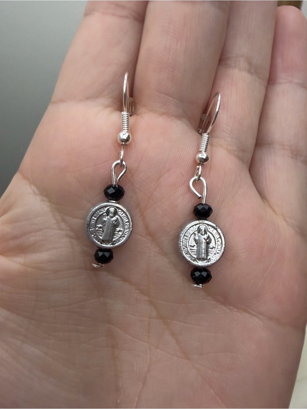 Silver tone Medal and Black Bead Drop Earrings